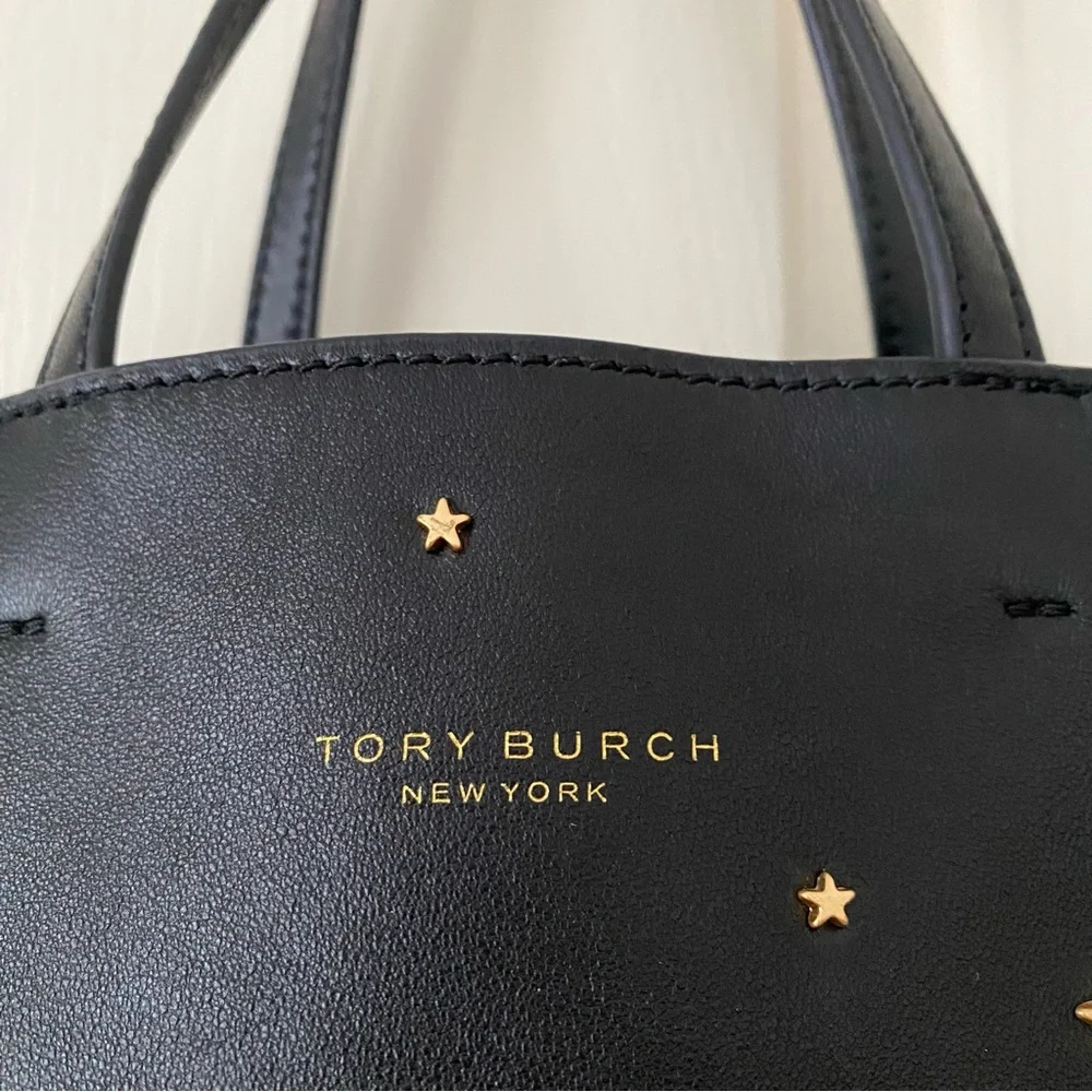 $398 Tory Burch Fleming Black Lambskin Leather Gold Star Studs Satchel Tote Bag - Picture 6 of 14